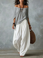 Off-Shoulder Loose Fit Casual Two Piece Outfit with Flare Pants thumbnail 3