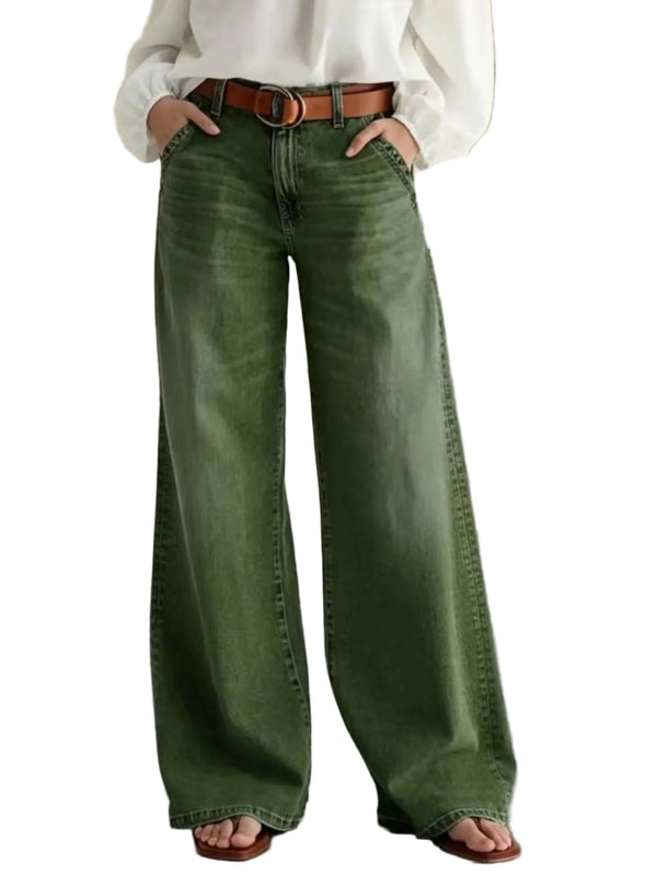 Vintage Washed Wide-Leg High-Rise Jeans in Olive Green