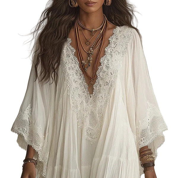 Women's Lace Trim V-Neck Flowy Maxi Dress