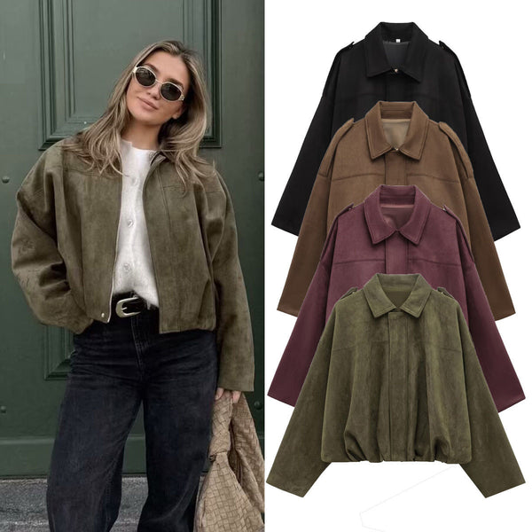 Faux Suede Texture Pilot Jacket - Casual Zip Up Coat with Soft Touch Finish for Daily Wear