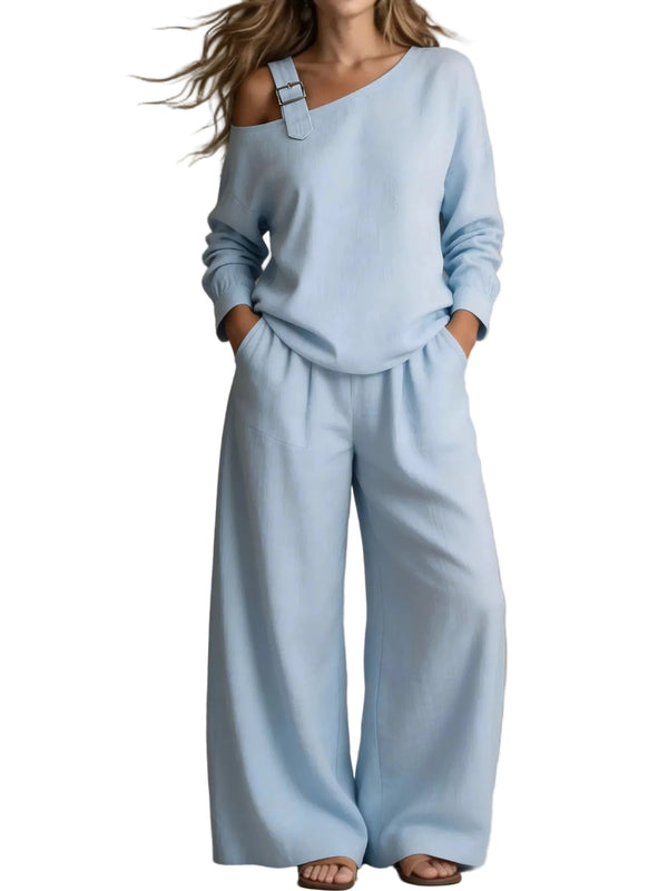 One-Shoulder Loose Fit Linen Blend Two-Piece