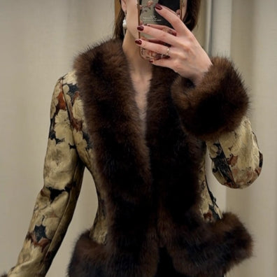 Printed Fur-collar V-neck Elegant Waist-cinching Patchwork One-piece Coat