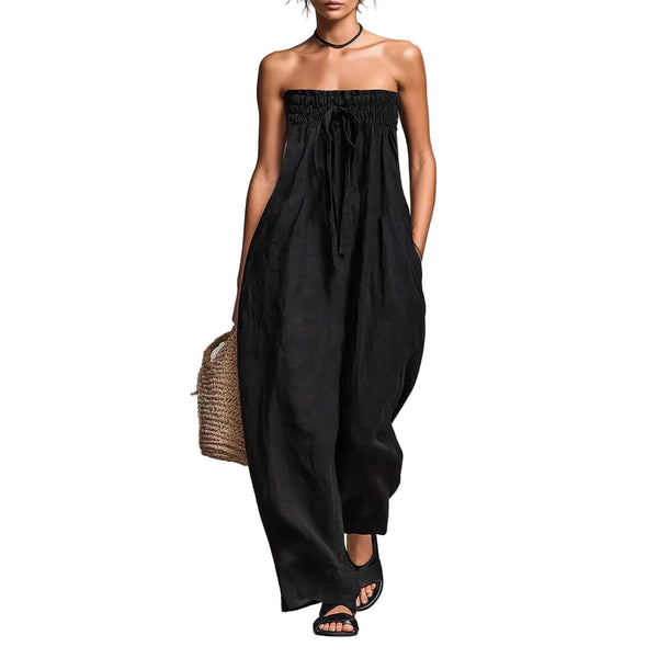Strapless Ruched Jumpsuit Tie-up Loose Straight-leg