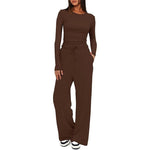 2 Pieces Women's Suit Autumn Winte Long Sleeve Tops High Waisted Wide Leg Pants Sportswear Female Clothes Solid Color Casual Suit thumbnail 15