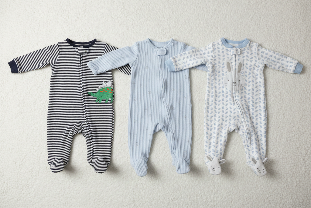 Baby Sleepers Flat Lay - Dino Stripe, Blue Ribbed, Bunny