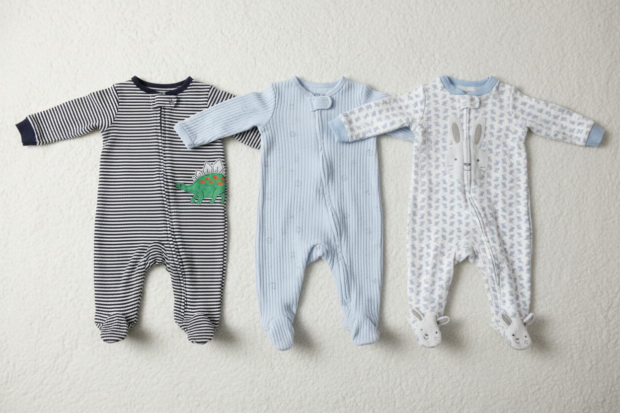 Baby Sleepers Flat Lay - Dino Stripe, Blue Ribbed, Bunny