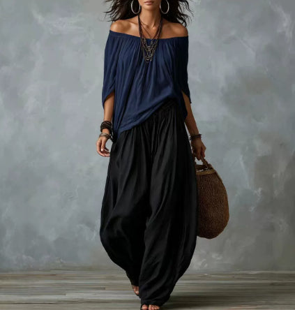 Off-Shoulder Loose Fit Casual Two Piece Outfit with Flare Pants