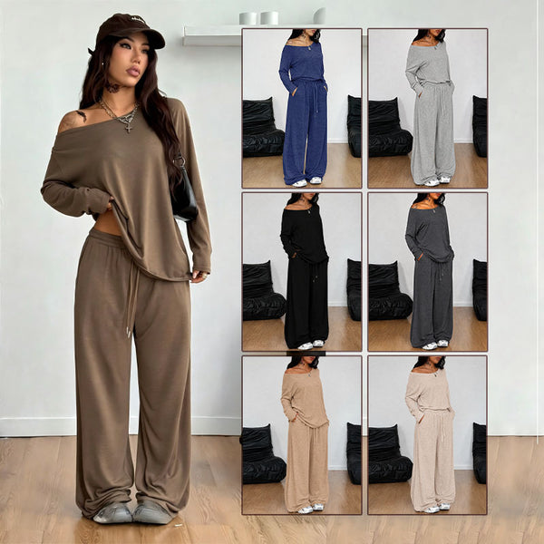 2 Piece Set Women's Long Sleeve Solid Color T-Shirt Tees Fall Casual Top Wide Leg Pants