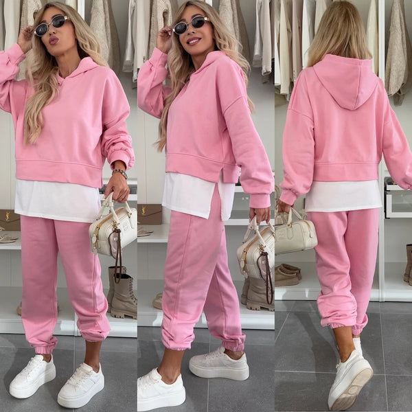 Women's 2-Piece Hoodie & Jogger Set | Faux Two-Piece Long Sleeve Top + Sports Trousers