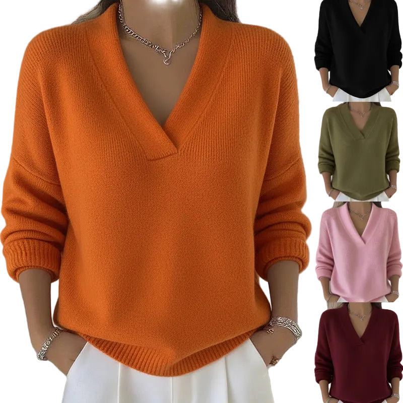 Women's V-Neck Knit Sweater – Loose Fit Pullover for Fall & Winter