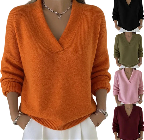 Women's V-Neck Knit Sweater – Loose Fit Pullover for Fall & Winter