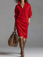 Long-sleeved Sweater Dress Fashion Warm Stand-up Collar V-neck Button Pullover Dresses Winter Casual Commuting Women's Clothing thumbnail 12