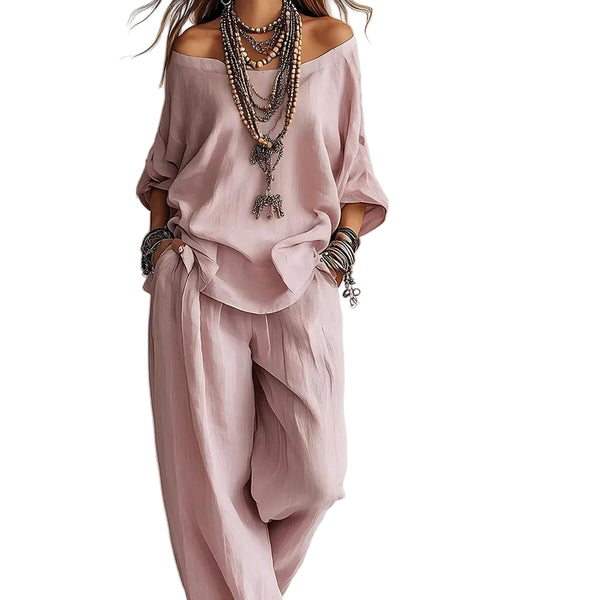 Off-Shoulder 2-Piece Set | Three-Quarter Sleeve Top + Wide-Leg Pants with Pockets