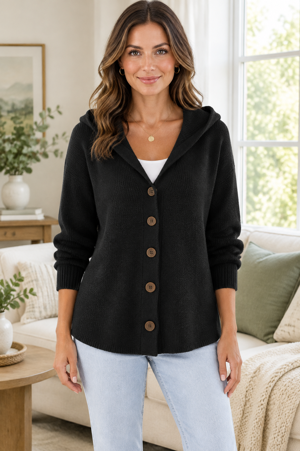 Black cardigan, front-view home lifestyle photo