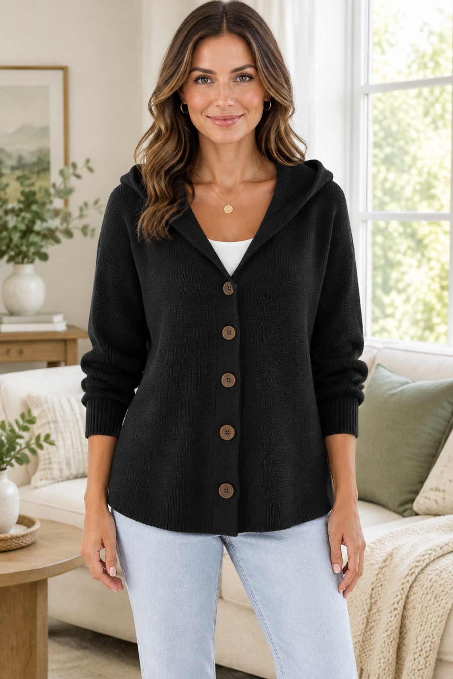 Black cardigan, front-view home lifestyle photo