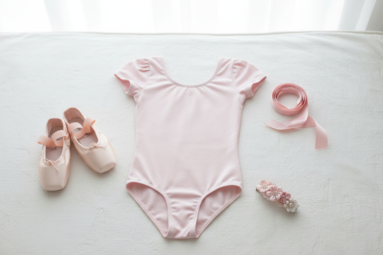 Blush Pink Ballet Leotard - Styled Flat Lay