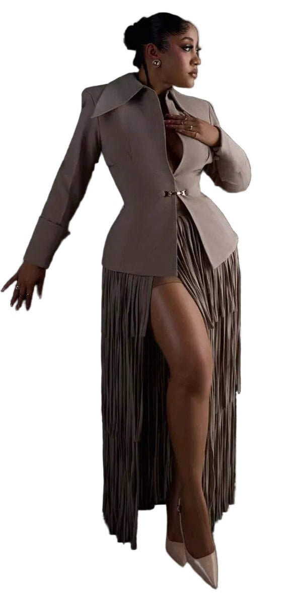 Long-sleeve Suit With Tassel Maxi Skirt Two-piece Womens Outfit