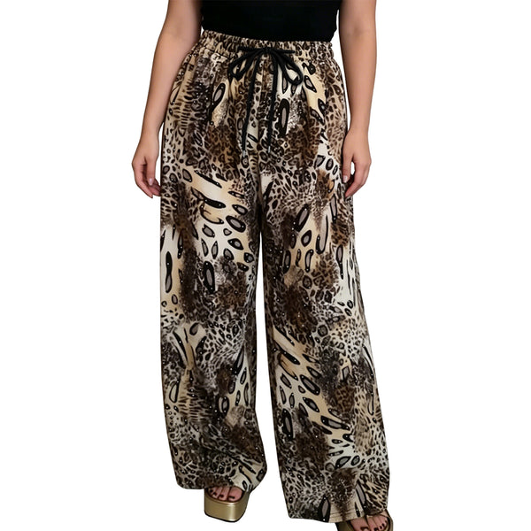 Women's Fashion Rhinestone Drawstring Loose Wide-Leg Pants Vintage Animal Print Casual Trousers