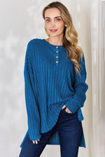 Basic Bae Full Size Ribbed Half Button Long Sleeve High-Low T-Shirt thumbnail 1