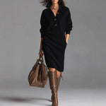 Long-sleeved Sweater Dress Fashion Warm Stand-up Collar V-neck Button Pullover Dresses Winter Casual Commuting Women's Clothing thumbnail 7