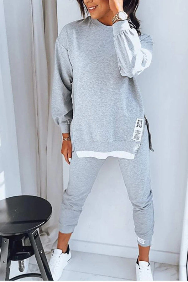 Women's 2-Piece Sweatshirt & Jogger Set | Slit Hem Top + Slim Sweatpants
