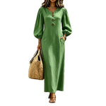 Women's Puff Sleeve V-Neck Maxi Dress | A-Line Button Detail thumbnail 11