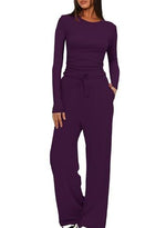 2 Pieces Women's Suit Autumn Winte Long Sleeve Tops High Waisted Wide Leg Pants Sportswear Female Clothes Solid Color Casual Suit thumbnail 18