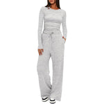 2 Pieces Women's Suit Autumn Winte Long Sleeve Tops High Waisted Wide Leg Pants Sportswear Female Clothes Solid Color Casual Suit thumbnail 1
