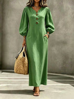 Women's Puff Sleeve V-Neck Maxi Dress | A-Line Button Detail thumbnail 8