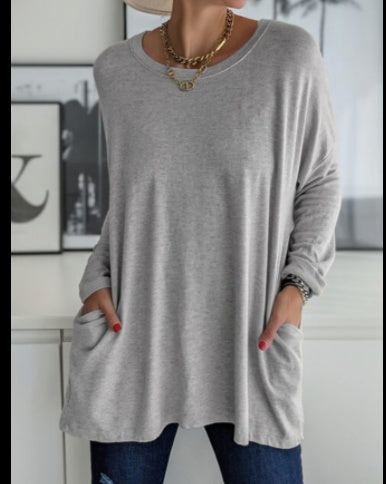 Women's Loose Fit Long Sleeve Shirt | Round Neck Casual Top with Pocket