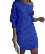 Fashion Oblique Shoulder Sequins Dress Ins Long-sleeved Dresses For Party Women's Clothing thumbnail 6