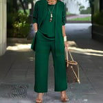 3-piece Cardigan Suit Pure Color Split Sleeveless Vest Top Long Sleeve Jacket And Wide Leg Pants Set thumbnail 4