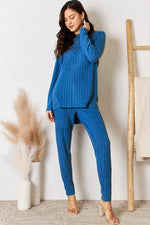 Basic Bae Full Size Ribbed Round Neck High-Low Slit Top and Pants Set thumbnail 12