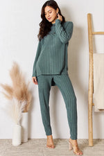 Basic Bae Full Size Ribbed Round Neck High-Low Slit Top and Pants Set thumbnail 9