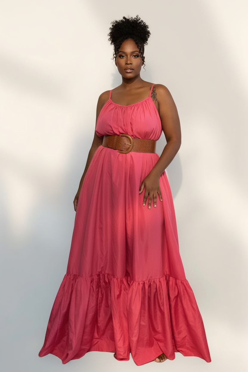 Dark skin plus size Black woman in coral maxi dress with belt