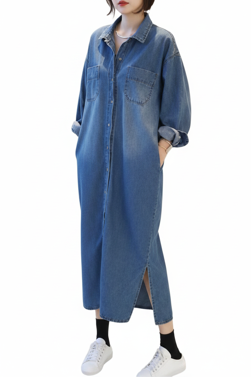 Denim Long Slit Shirt Dress – Model Shot