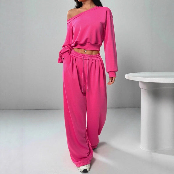 Casual 2-piece Set One-shoulder Sweatshirt Loose Sports Trousers