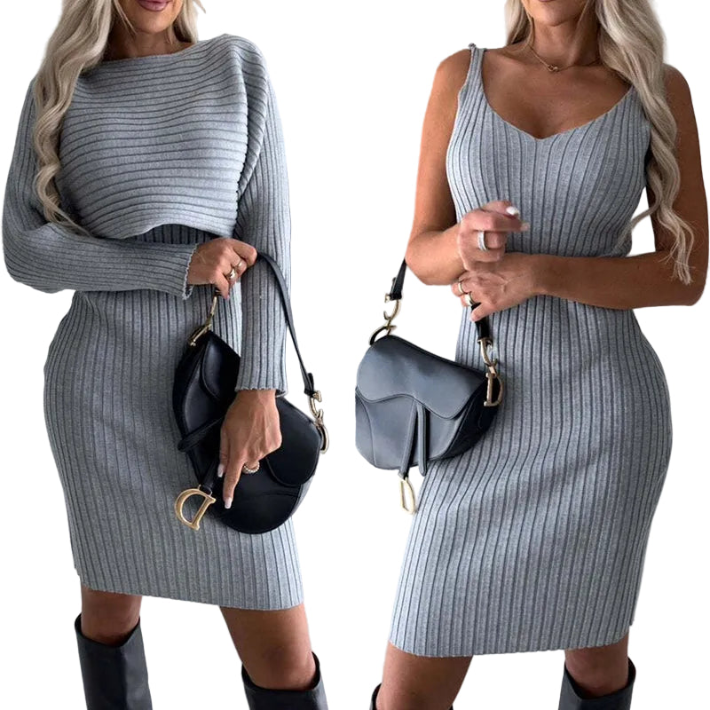 Women's 2-Piece Set – Long Sleeve Top & Suspender Midi Skirt