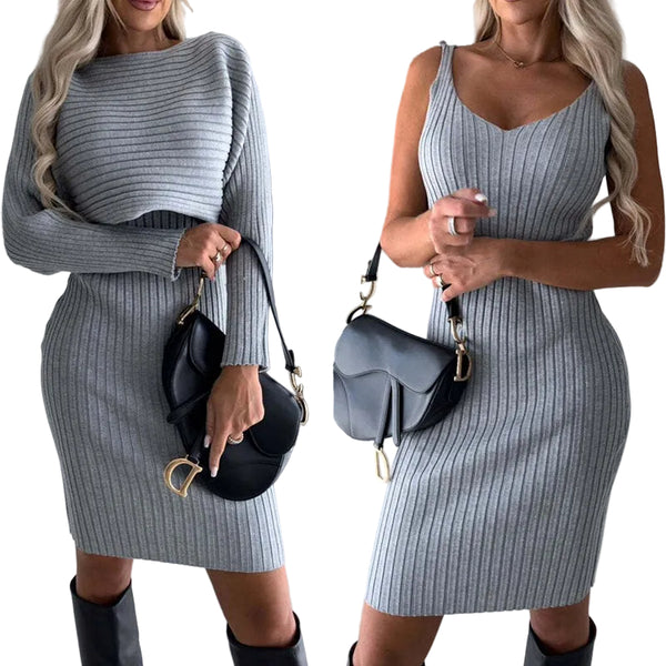 Women's 2-Piece Set – Long Sleeve Top & Suspender Midi Skirt