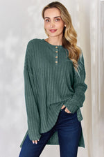 Basic Bae Full Size Ribbed Half Button Long Sleeve High-Low T-Shirt thumbnail 8