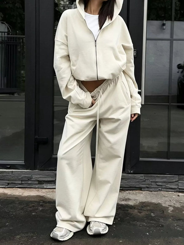 Casual Zip-Up Hoodie and Wide-Leg Sweatpants Set