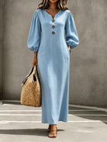 Women's Puff Sleeve V-Neck Maxi Dress | A-Line Button Detail thumbnail 14