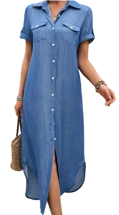 Denim-Look Maxi Shirt Dress