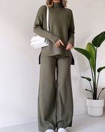 Turtleneck Knitted Suit Loose Split Design Long-sleeved Top And Straight Trousers Fashion Casual Solid Set Women's Clothing thumbnail 6