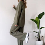 Turtleneck Knitted Suit Loose Split Design Long-sleeved Top And Straight Trousers Fashion Casual Solid Set Women's Clothing thumbnail 3