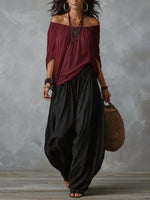 Off-Shoulder Loose Fit Casual Two Piece Outfit with Flare Pants thumbnail 15