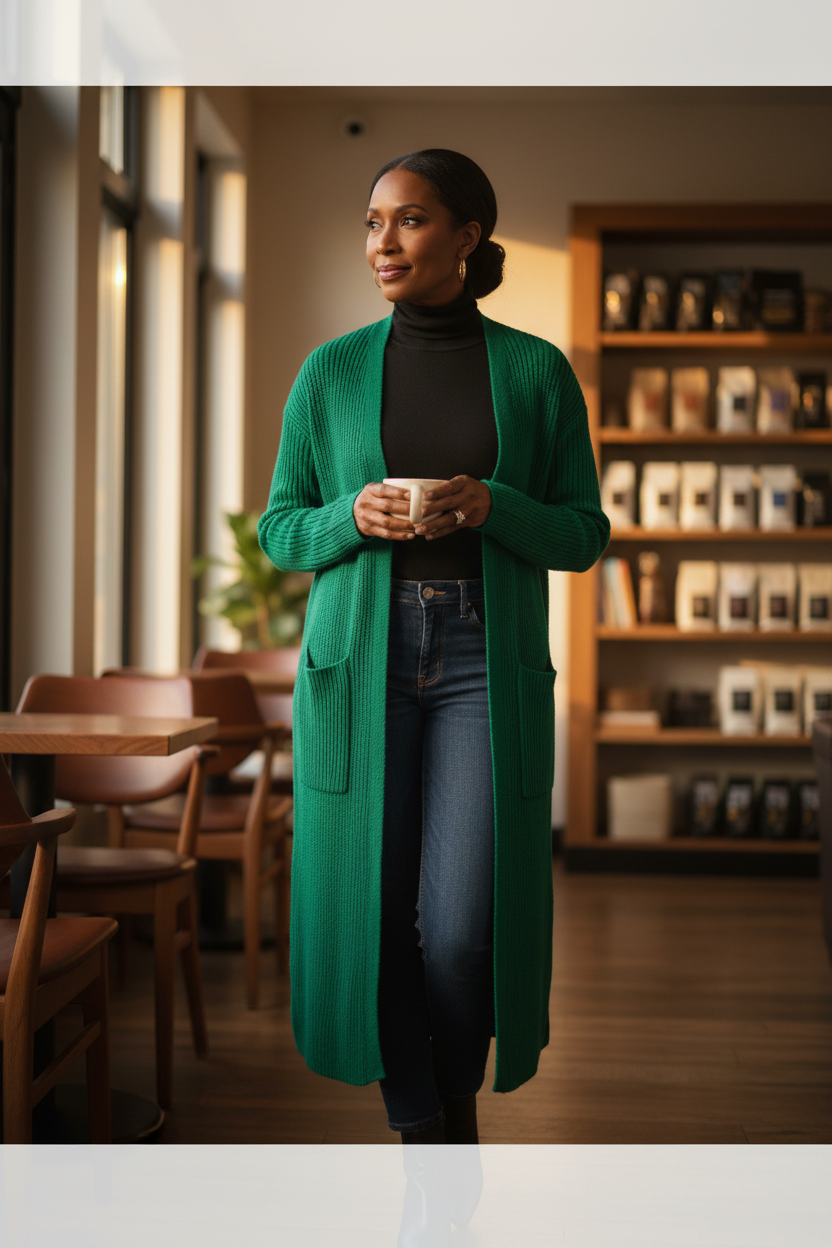 Emerald Green Long Cardigan - Mature Black Woman