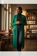 Emerald Green Long Cardigan - Mature Black Woman