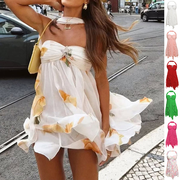 Ins Halter Neck Backless Dress Summer Sexy Printed Irregular Mesh Short Dresses