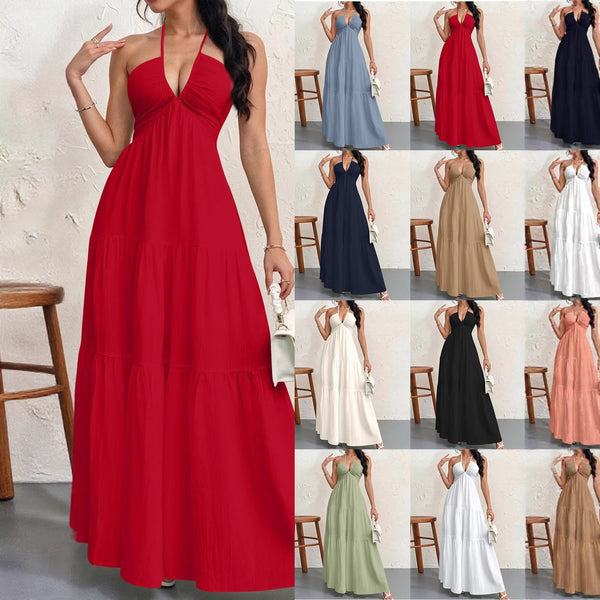 Backless Halterneck V-Neck Pleated Maxi Dress – Beach Vacation